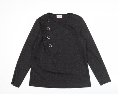 Savida Women’s Black Glitter Long Sleeve Ruffle Button Blouse Size 14