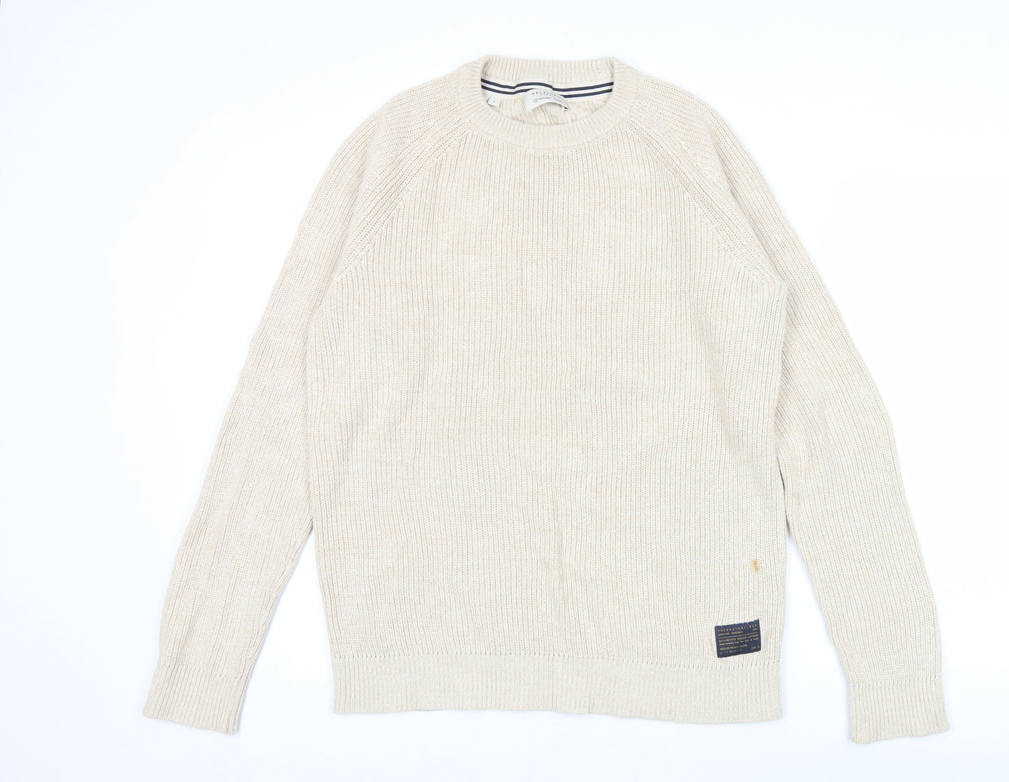 Selected Homme Men’s Beige Cotton Knit Pullover Jumper L
