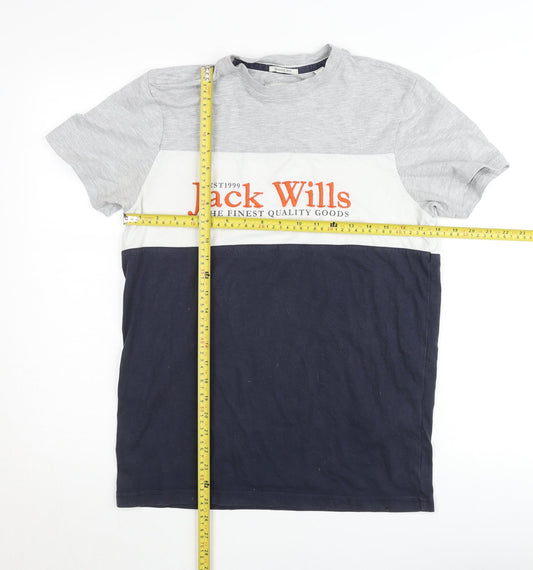 Jack Wills Men's Colourblock Grey White Navy Classic Fit T-Shirt Small