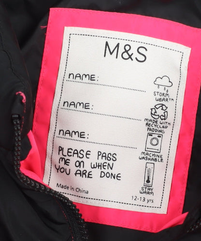 Marks and Spencer Girls Pink Black Puffer Jacket 12-13 Years Winter Coat