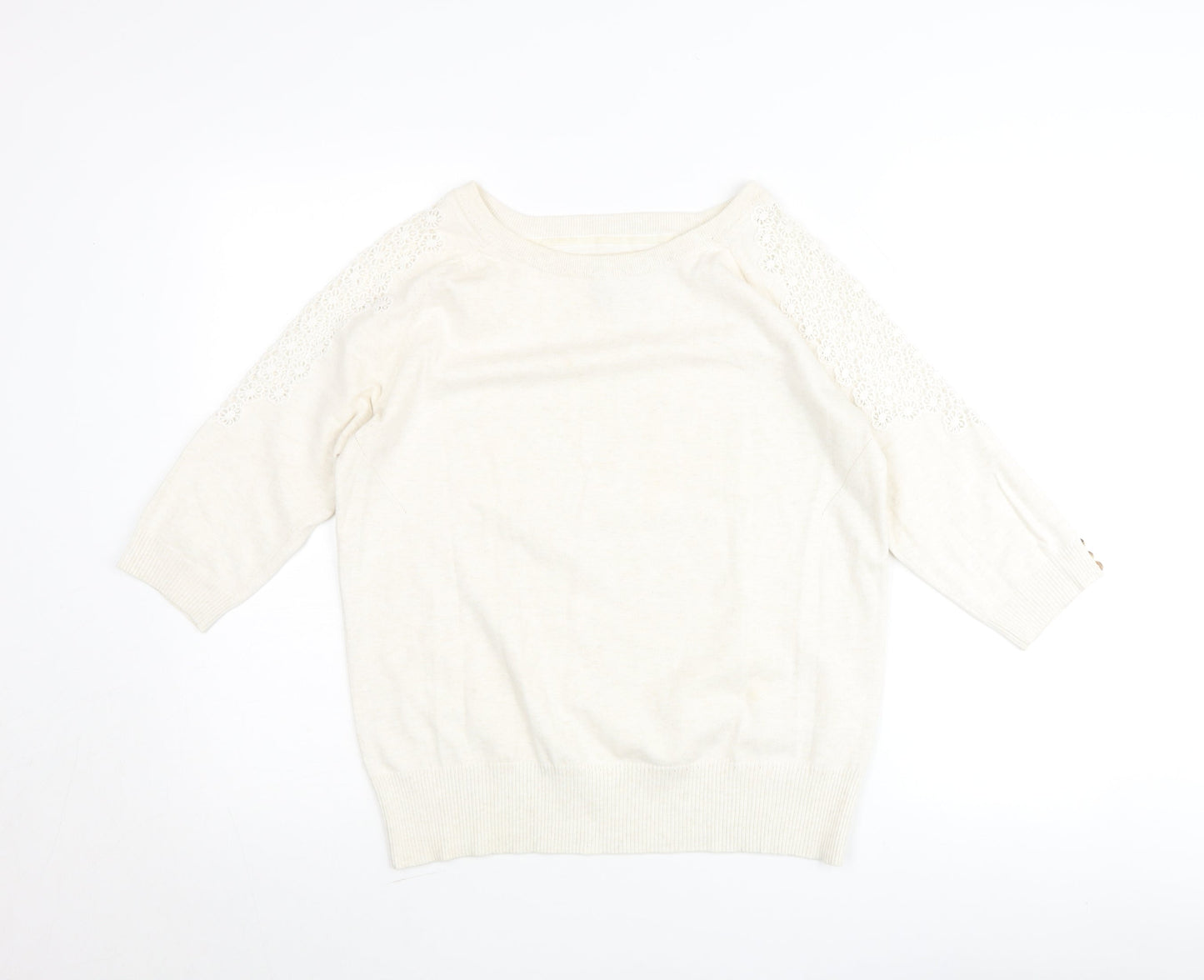 John Rocha Womens Ivory 3/4 Sleeve Lace Shoulder Pullover Jumper Size 16