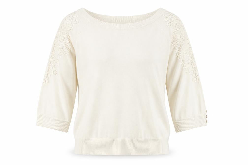 Front view of John Rocha women’s ivory 3/4 sleeve lace shoulder jumper, size UK 16