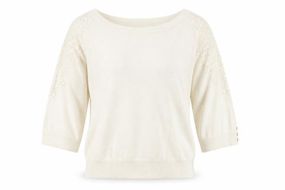 Front view of John Rocha women’s ivory 3/4 sleeve lace shoulder jumper, size UK 16