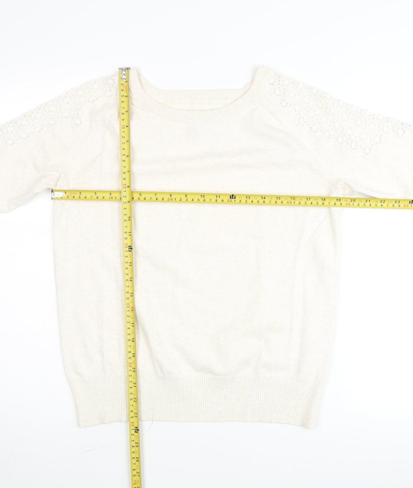 John Rocha Womens Ivory 3/4 Sleeve Lace Shoulder Pullover Jumper Size 16