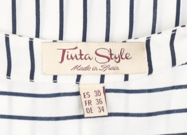 Tinta Style Women's White Striped V-Neck 3/4 Sleeve Tunic Blouse Size 10