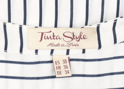 Tinta Style Women's White Striped V-Neck 3/4 Sleeve Tunic Blouse Size 10