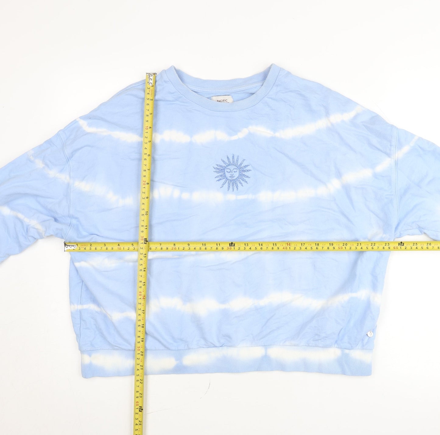 Pull & Bear Women's Blue Tie-Dye Sun Embroidered Pullover Jumper Size 14