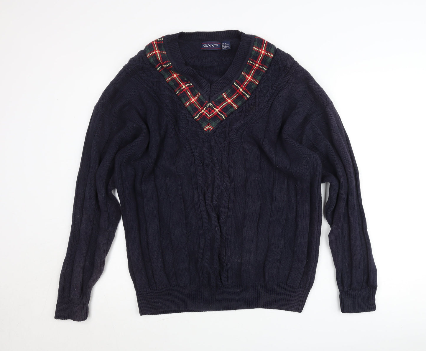GANT Mens Blue Cotton Cable-Knit V-Neck Jumper Size L