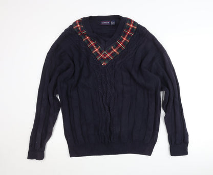 GANT Mens Blue Cotton Cable-Knit V-Neck Jumper Size L