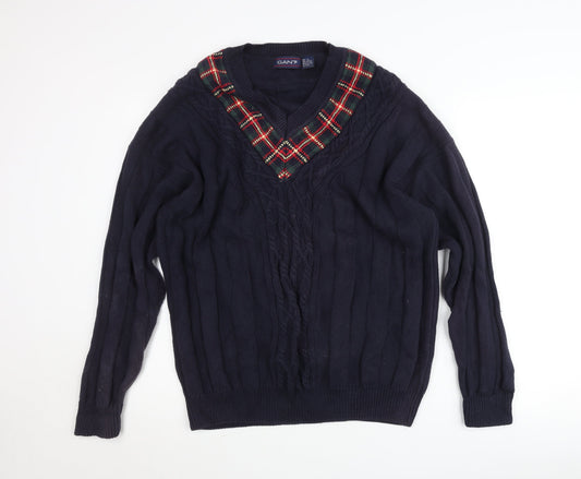 GANT Mens Blue Cotton Cable-Knit V-Neck Jumper Size L