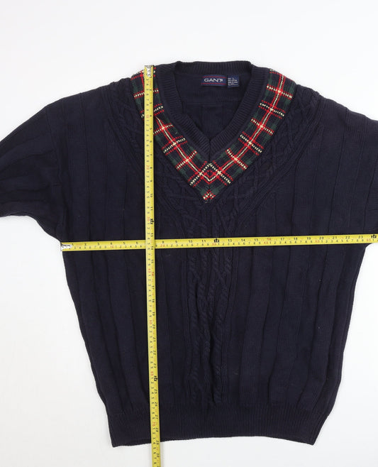 GANT Mens Blue Cotton Cable-Knit V-Neck Jumper Size L