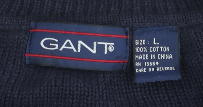 GANT Mens Blue Cotton Cable-Knit V-Neck Jumper Size L