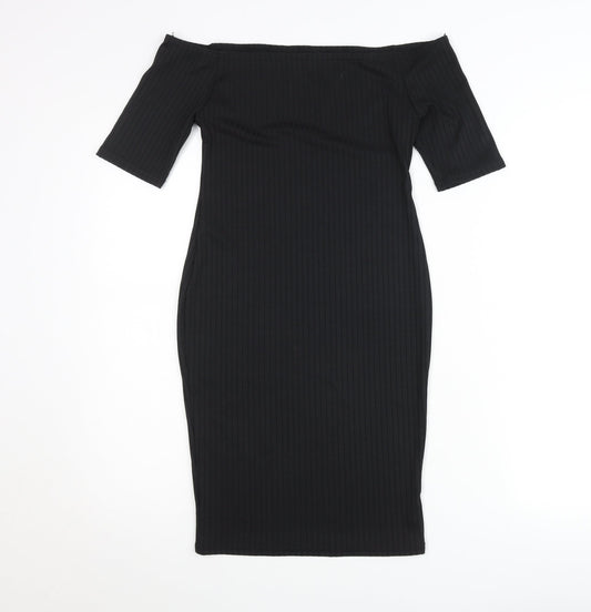 New Look Women’s Black Off Shoulder Ribbed Bodycon Midi Dress Size 8