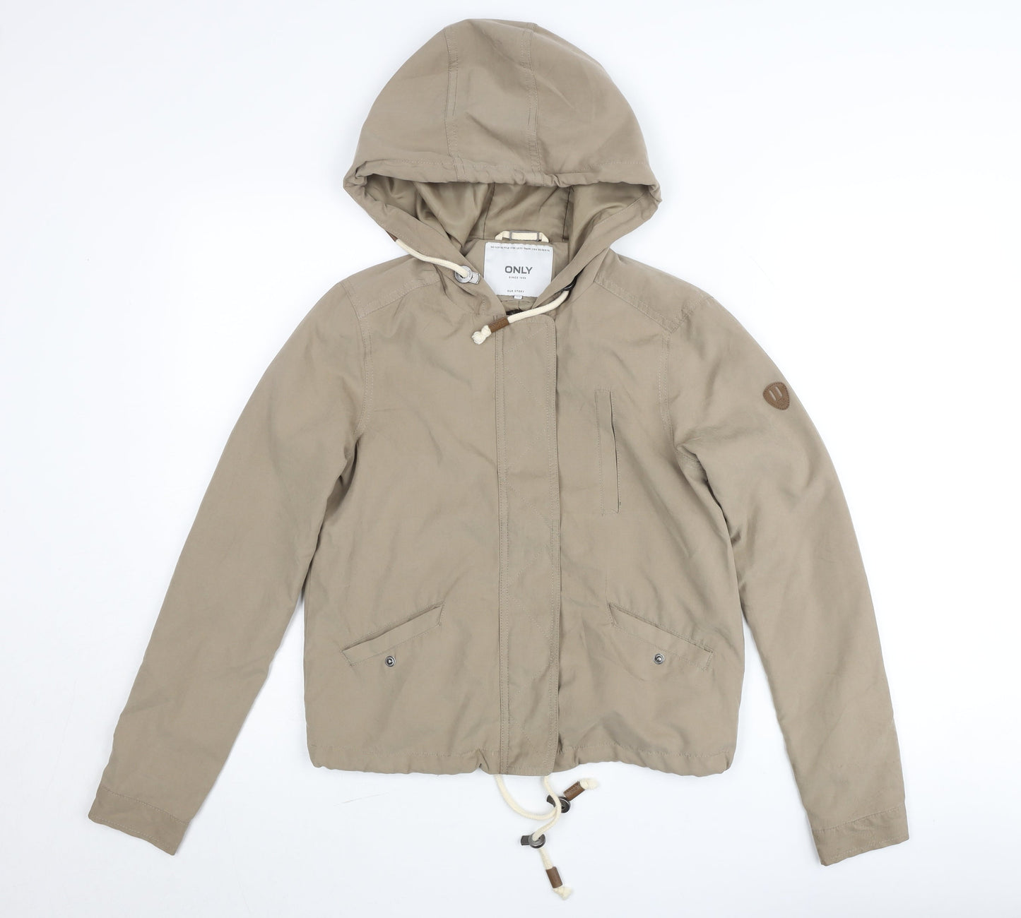 ONLY Girls Beige Hooded Anorak Jacket XS Cotton Drawstring Casual Coat