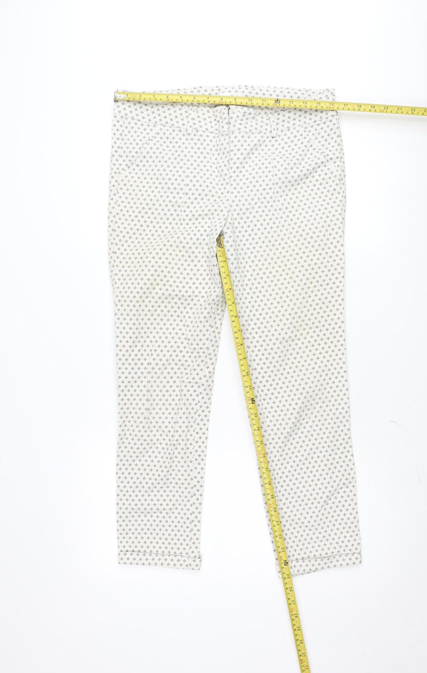 LFT Women's Beige Geometric Stretch Chino Trousers Size 12 Slim Fit