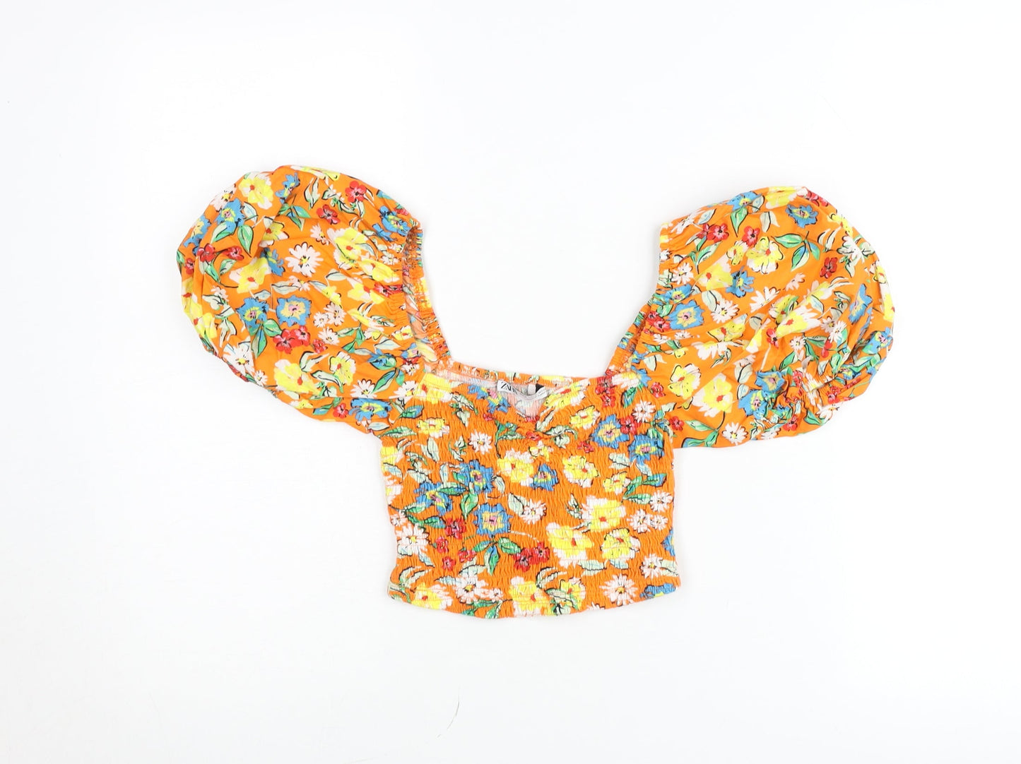 ZARA Women’s Orange Floral Puff Sleeve Cropped Blouse Size S