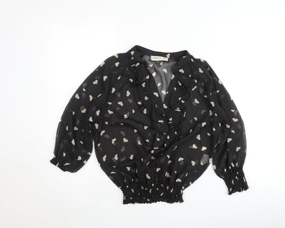 J'aime la Vie Women's Black Heart Print Wrap Blouse Size S