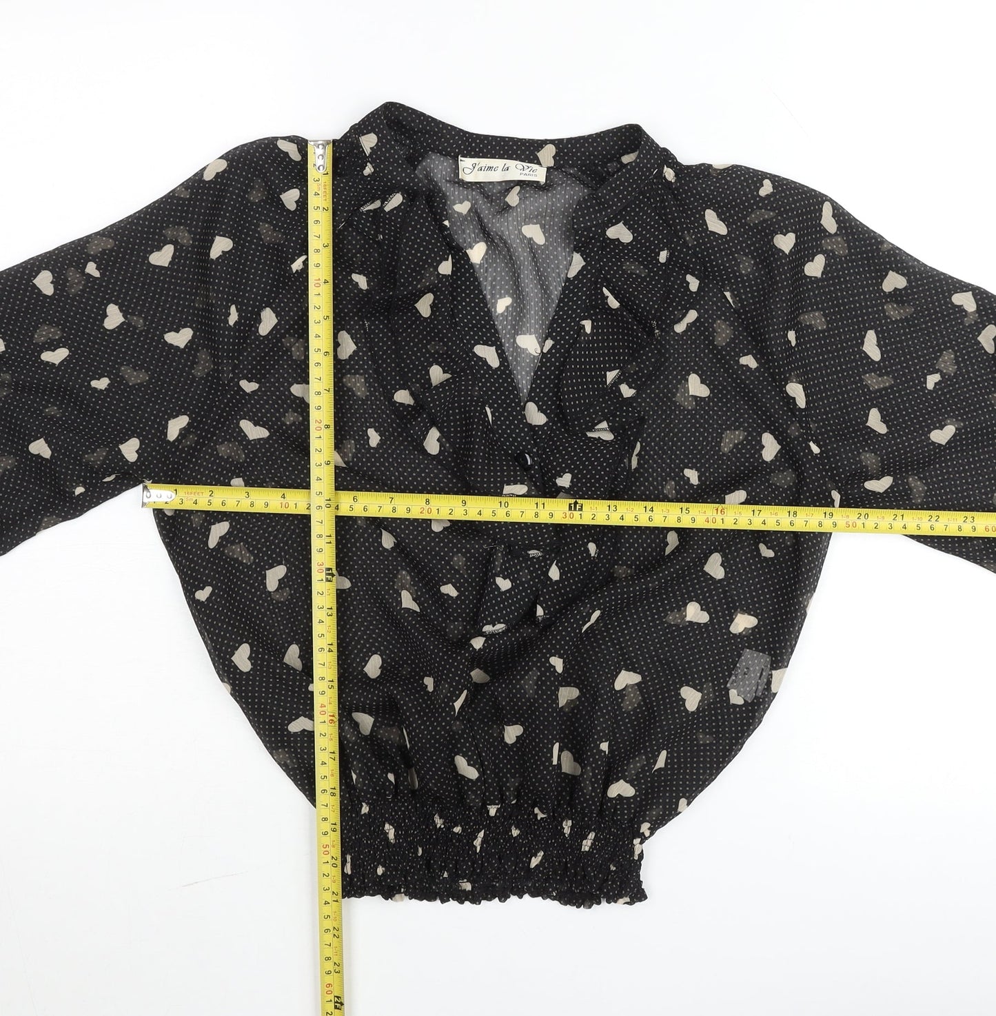 J'aime la Vie Women's Black Heart Print Wrap Blouse Size S