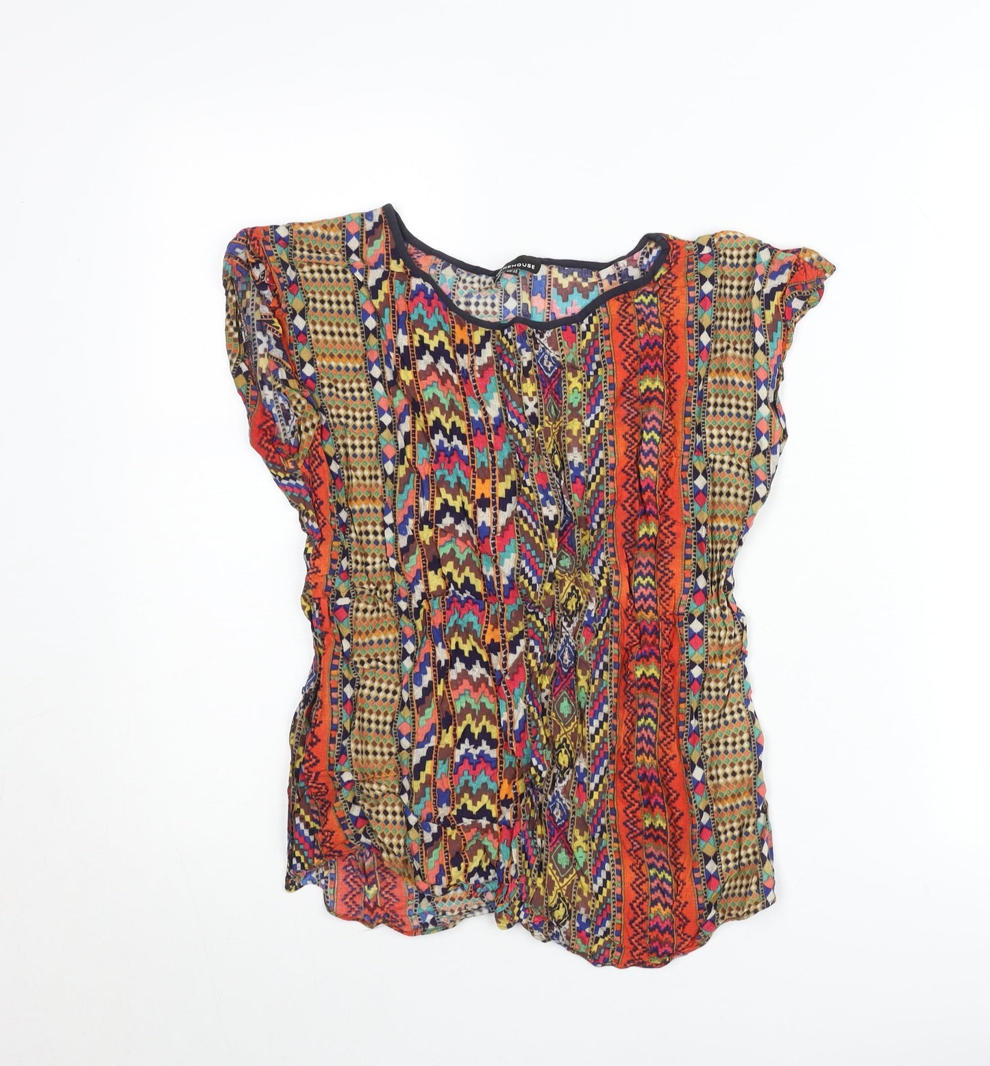 Warehouse Women’s Multicoloured Bohemian Viscose Blouse UK 14 Short Sleeve