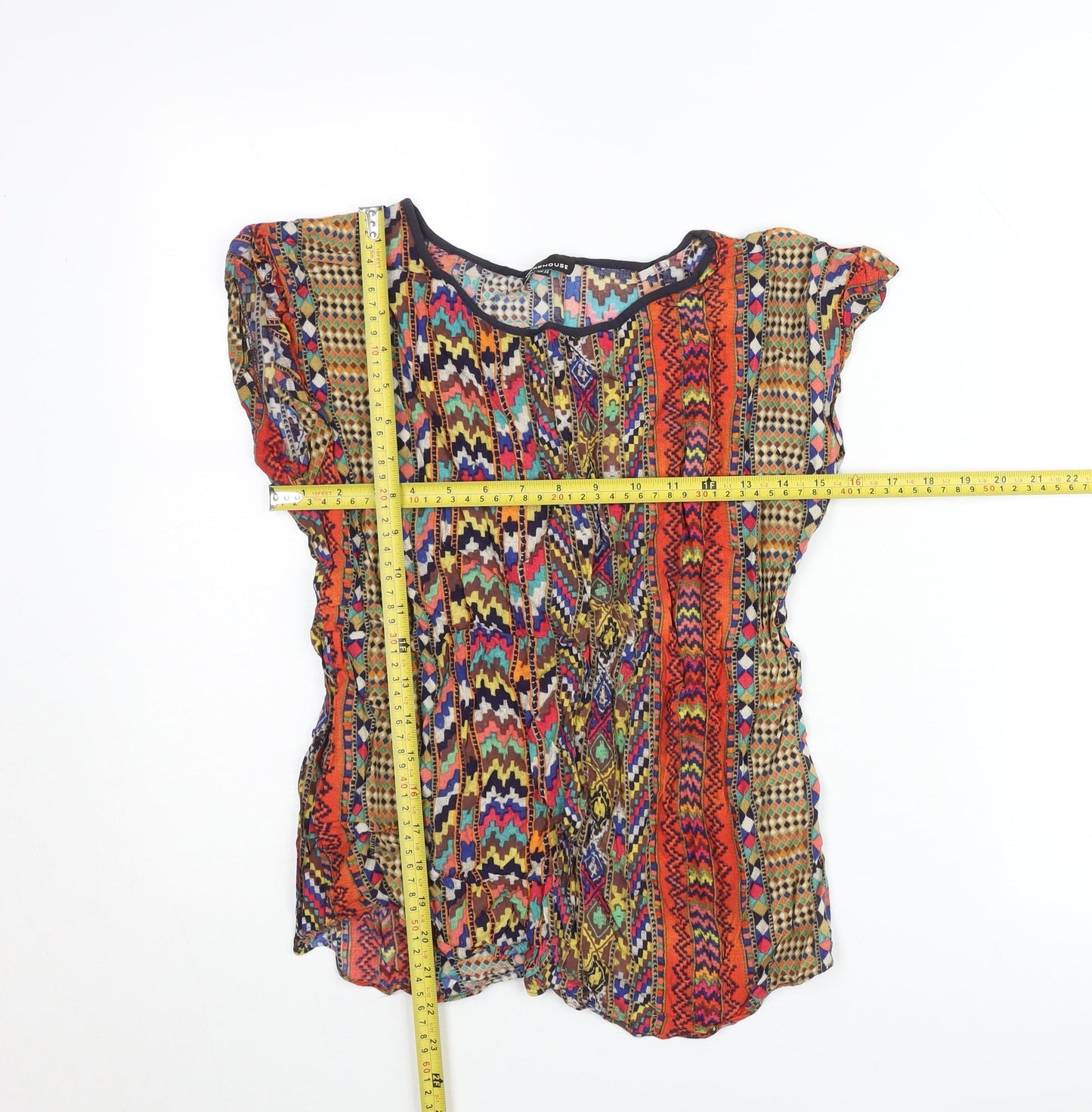 Warehouse Women’s Multicoloured Bohemian Viscose Blouse UK 14 Short Sleeve
