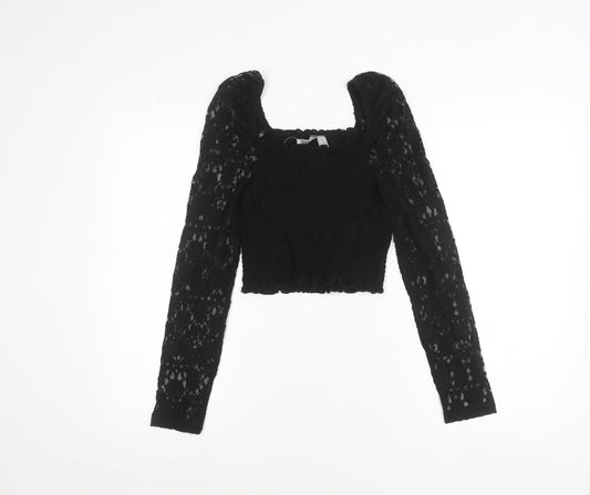 ASOS Women's Black Lace Cropped Puff Sleeve Blouse UK 10