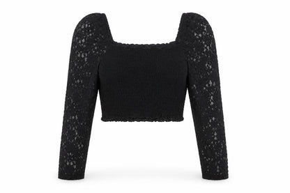Front view of ASOS Women's Black Lace Cropped Puff Sleeve Blouse UK 10