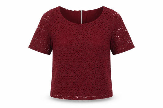 Promod Women’s Red Lace Cropped Blouse Size M Short Sleeve