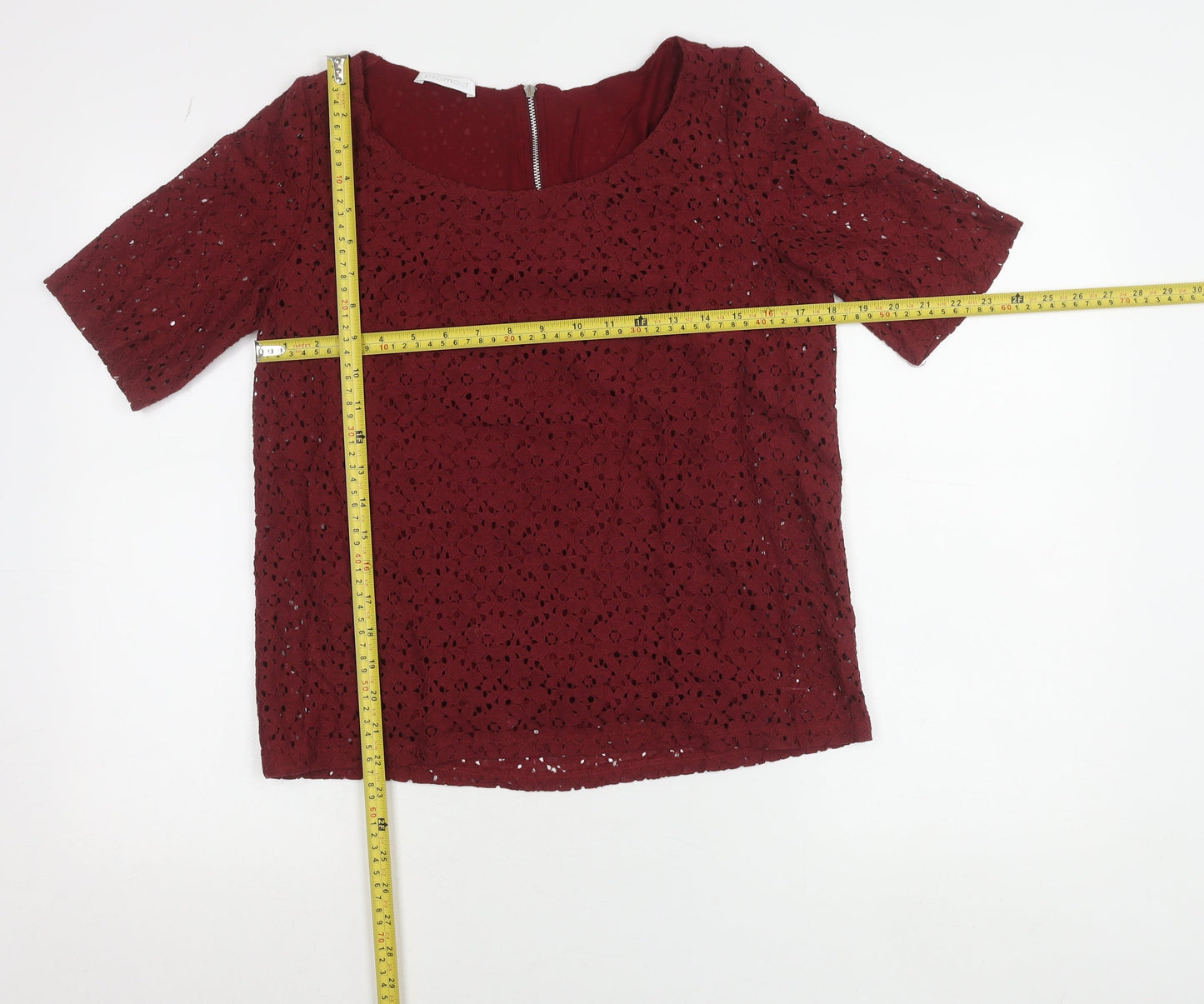 Promod Women’s Red Lace Cropped Blouse Size M Short Sleeve