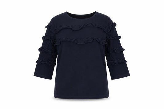 Savida Women's Navy Blue Ruffle 3/4 Sleeve T-Shirt Size S