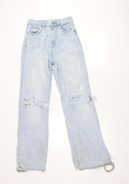 Stradivarius Women Blue Distressed Straight Jeans UK 6