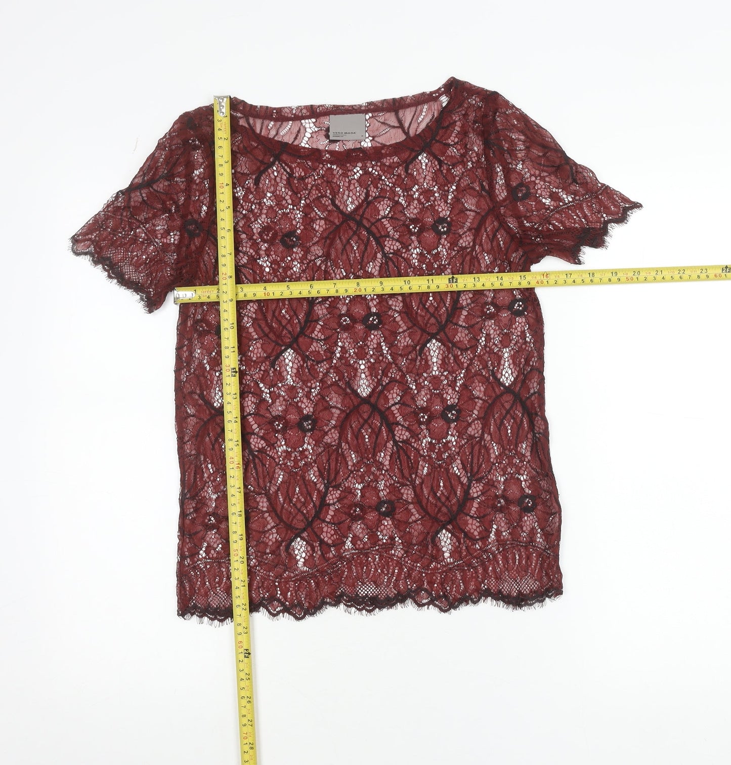 Vero Moda Women's Red Lace Short Sleeve Blouse M