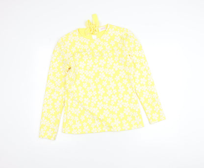 Savida Women's Yellow Floral Long Sleeve Bow Tie Jersey Top Size S