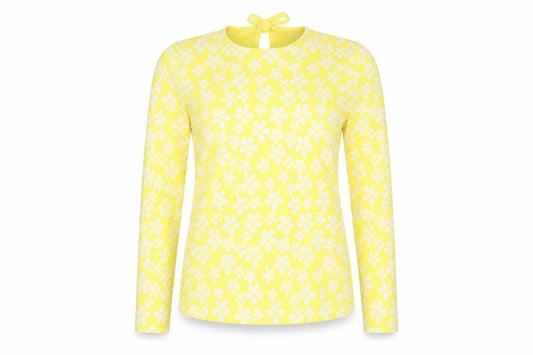 Savida Women's Yellow Floral Long Sleeve Bow Tie Jersey Top Size S