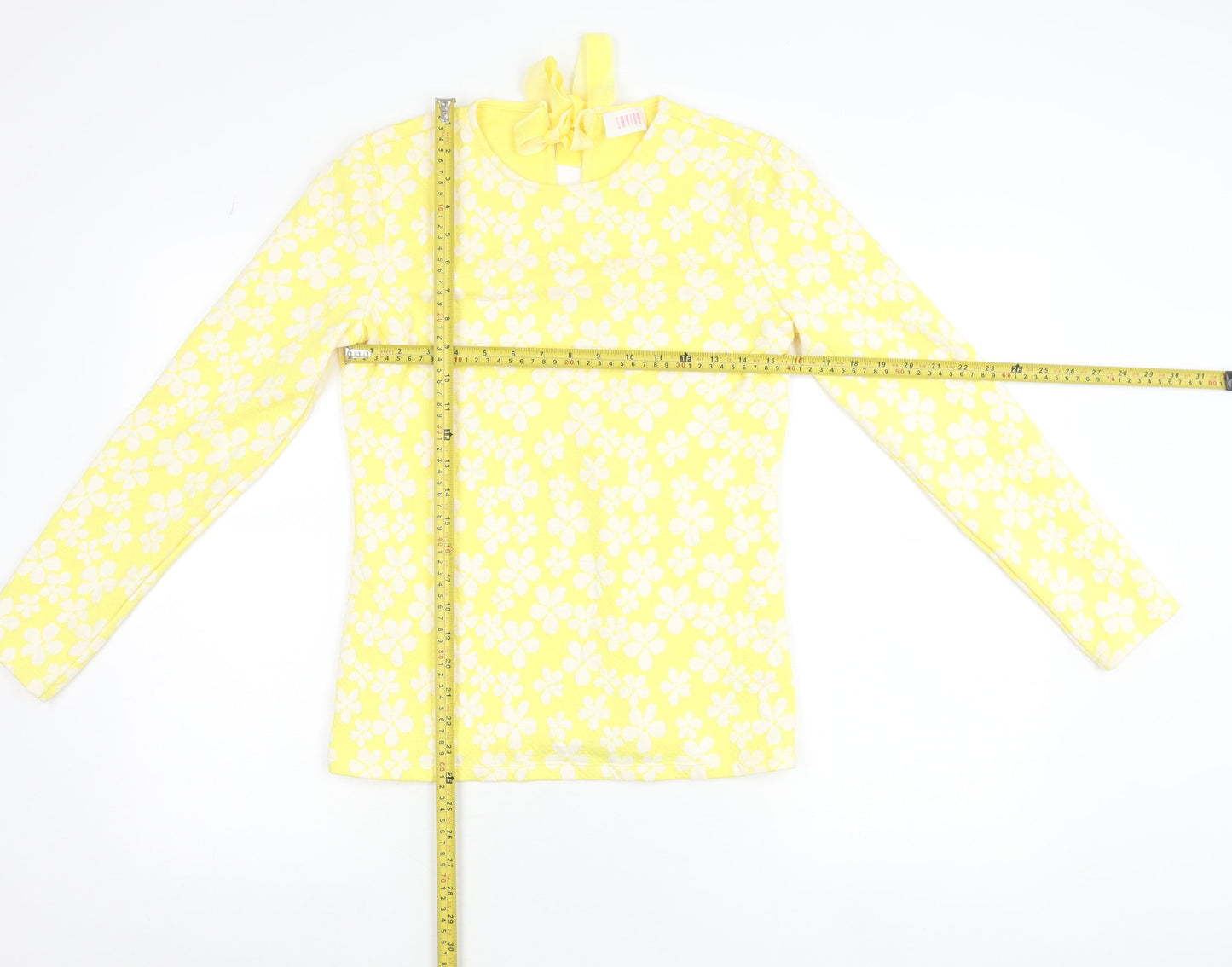 Savida Women's Yellow Floral Long Sleeve Bow Tie Jersey Top Size S