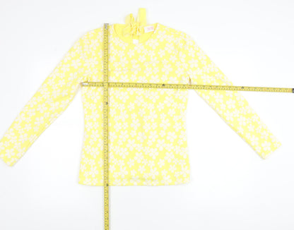 Savida Women's Yellow Floral Long Sleeve Bow Tie Jersey Top Size S