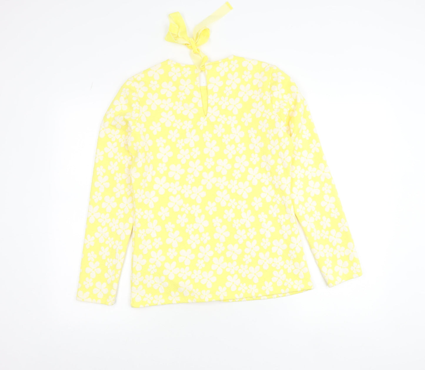 Savida Women's Yellow Floral Long Sleeve Bow Tie Jersey Top Size S