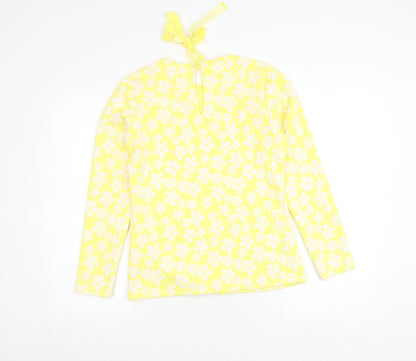 Savida Women's Yellow Floral Long Sleeve Bow Tie Jersey Top Size S