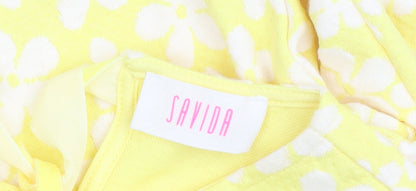 Savida Women's Yellow Floral Long Sleeve Bow Tie Jersey Top Size S