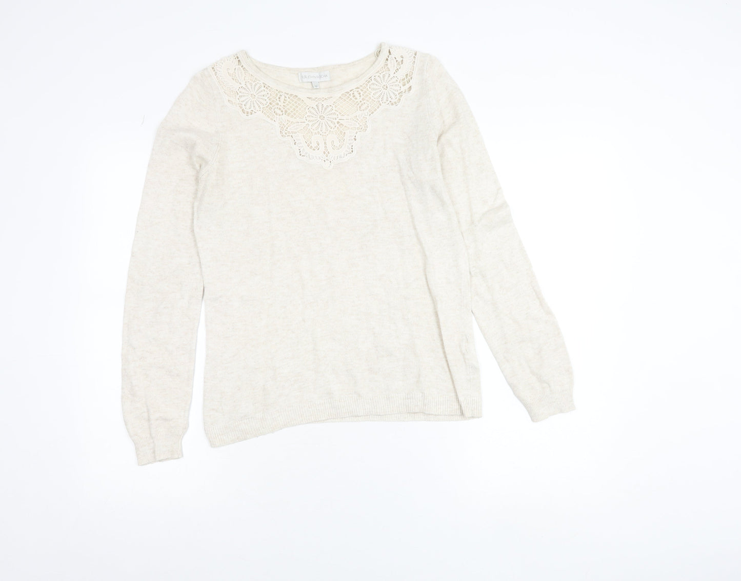 RJR John Rocha Women Beige Crochet Lace Knit Long Sleeve Blouse Size 12