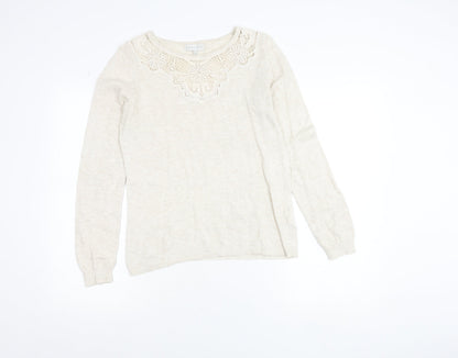 RJR John Rocha Women Beige Crochet Lace Knit Long Sleeve Blouse Size 12