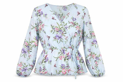 Front view of Billie & Blossom Petite Blue Floral Wrap Blouse, size 10