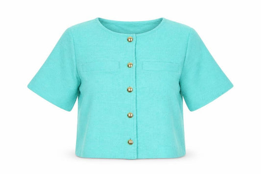Front view of Gallery women’s green cropped cotton button-up short sleeve top, size S