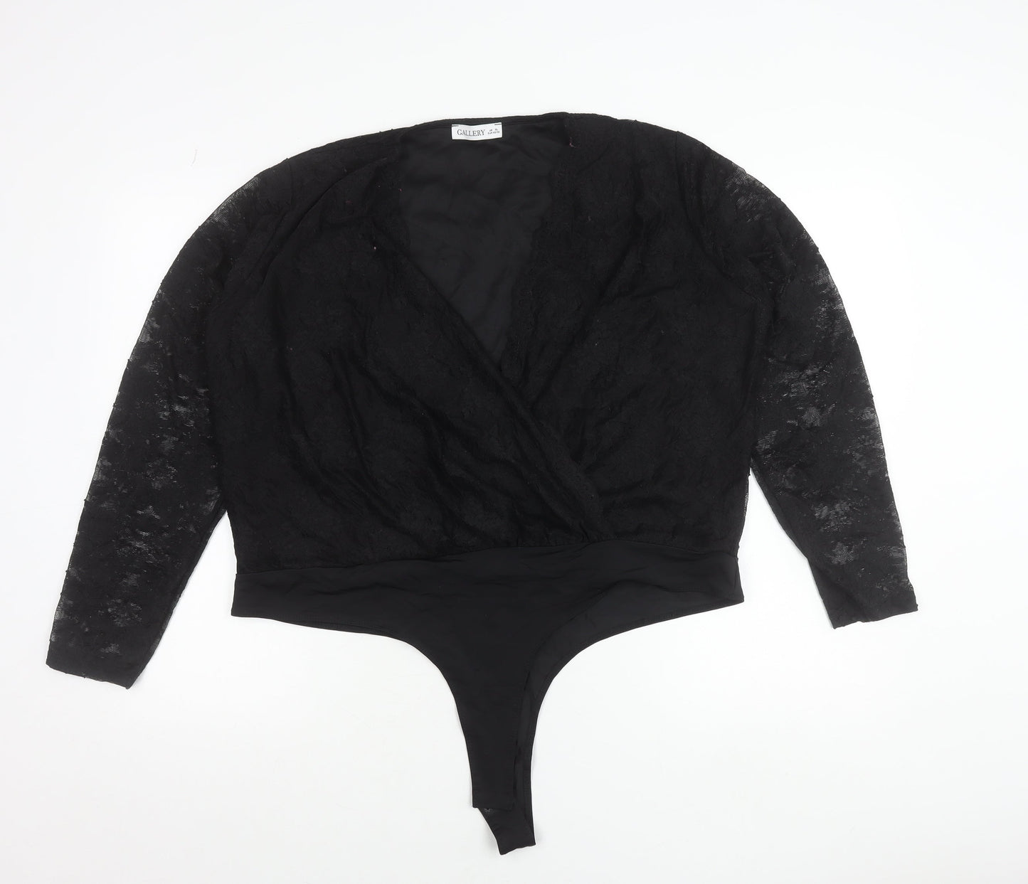 Gallery Women’s Black Lace Wrap Bodysuit Blouse XL Elegant Long Sleeve