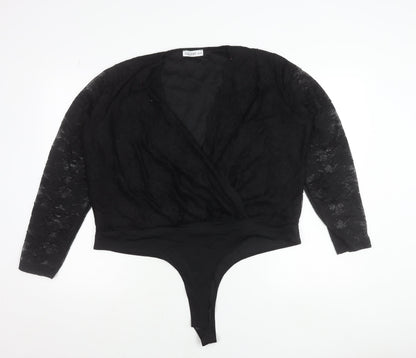 Gallery Women’s Black Lace Wrap Bodysuit Blouse XL Elegant Long Sleeve