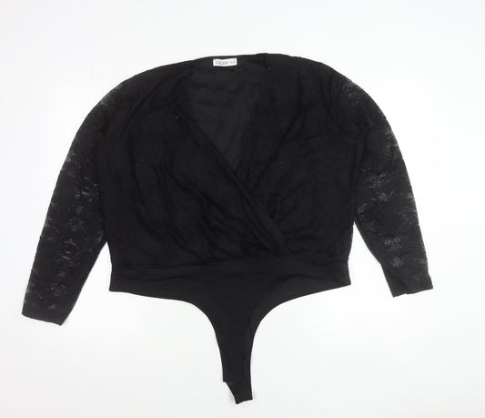 Gallery Women’s Black Lace Wrap Bodysuit Blouse XL Elegant Long Sleeve