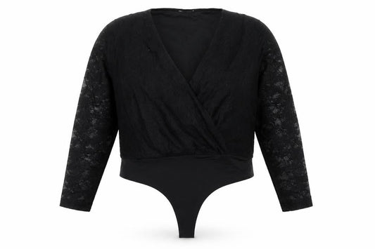 Gallery Women’s Black Lace Wrap Bodysuit Blouse XL Elegant Long Sleeve
