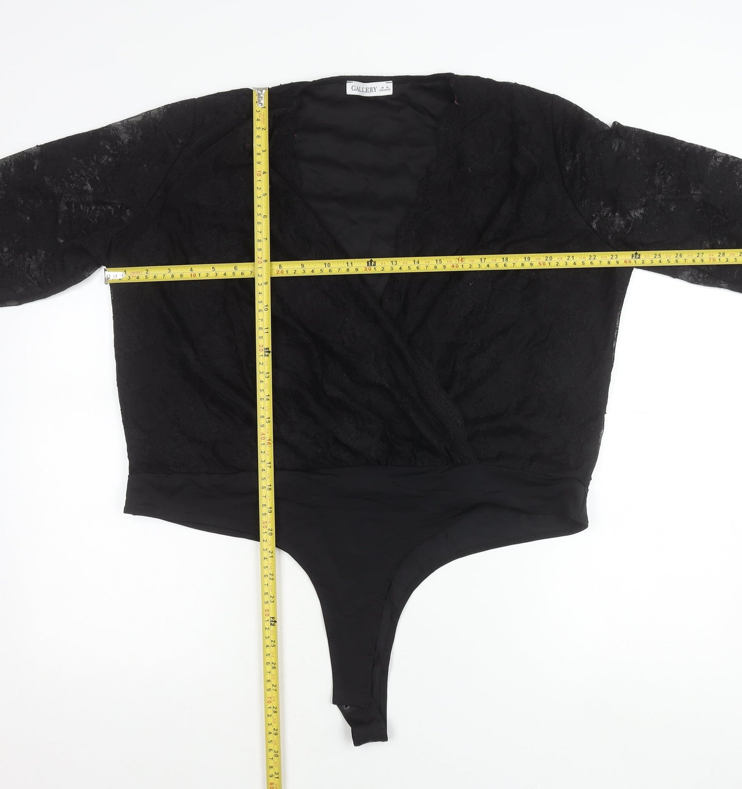 Gallery Women’s Black Lace Wrap Bodysuit Blouse XL Elegant Long Sleeve