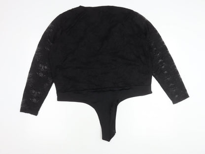 Gallery Women’s Black Lace Wrap Bodysuit Blouse XL Elegant Long Sleeve