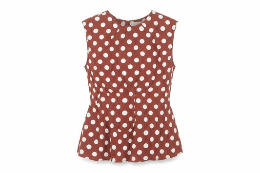 Front view of Gallery women’s brown polka dot sleeveless tunic blouse uk 10