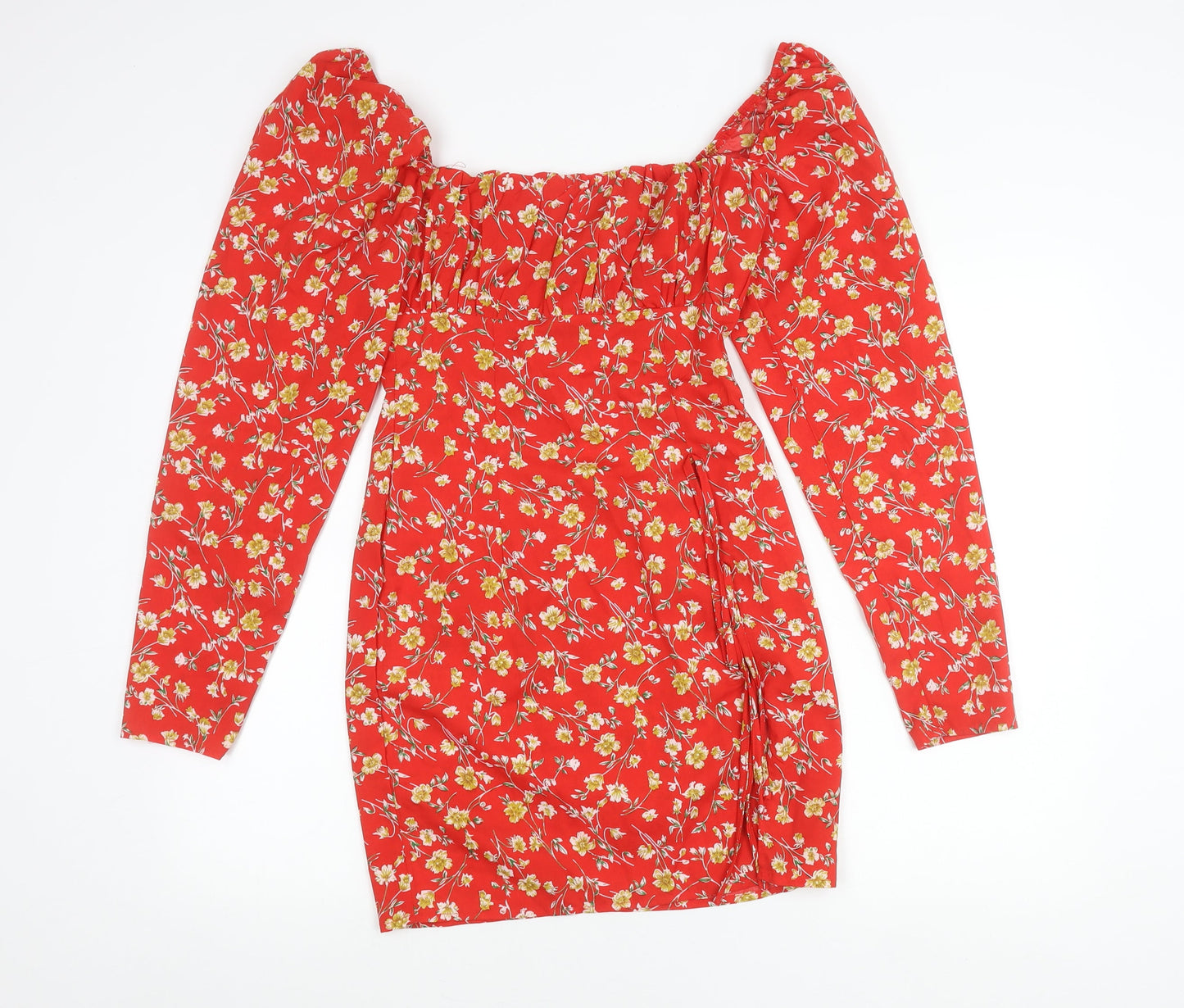 PrettyLittleThing Women's Red Floral Off Shoulder Bodycon Dress Size 8